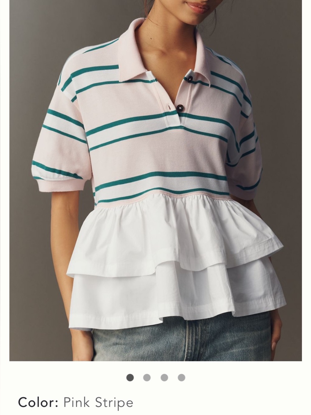 Women’s Pink Striped Polo Top with White Tiered Ruffle. Maeve by Anthropologie